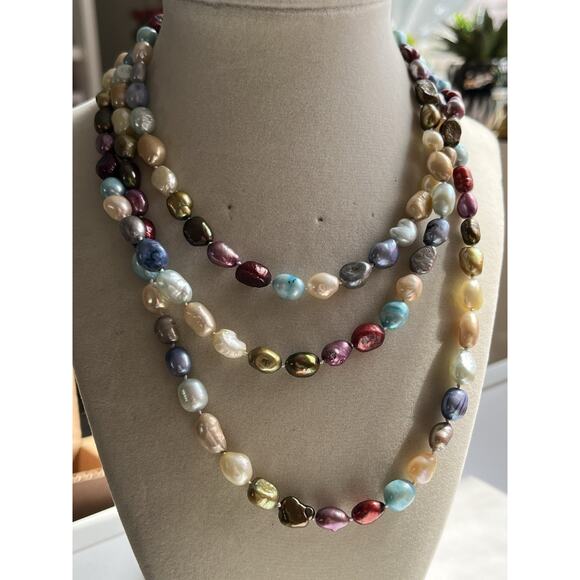 Genuine Freshwater Cultured Pearls Rainbow Multicolor Pearl Long Necklace 50” - Picture 3 of 6